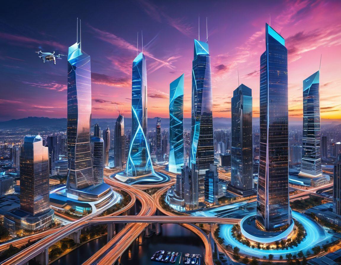 A futuristic city skyline with advanced IT infrastructure elements like glowing data streams, autonomous drones, and smart buildings. Include diverse professionals in sleek attire collaborating on holographic displays, showcasing the merging of technology and teamwork. The sky is vibrant with innovation, filled with dynamic light trails representing data flow. super-realistic. vibrant colors.