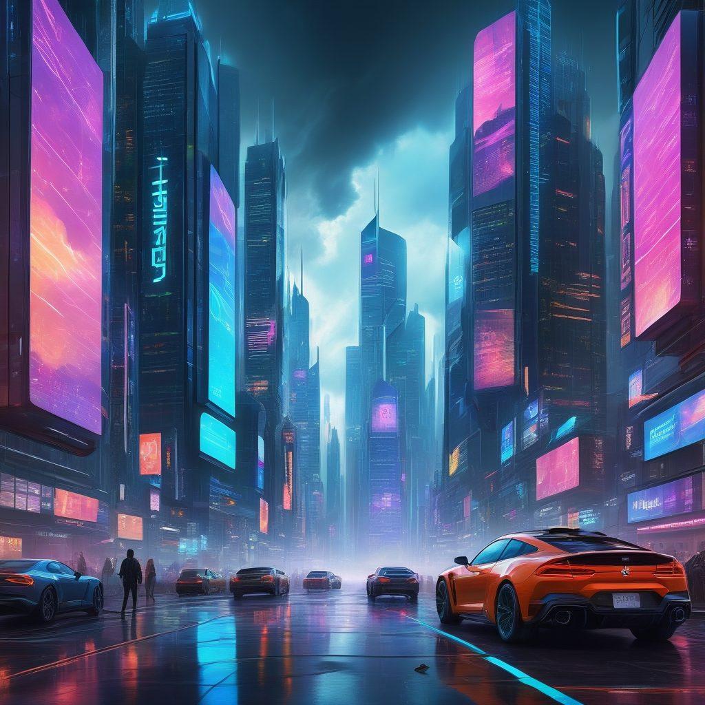 A futuristic cityscape with a blend of virtualization and SaaS technology, showcasing towering skyscrapers with digital screens displaying cloud computing icons and IT management tools. Include diverse professionals collaborating in a sleek, high-tech office environment, with holographic interfaces and data flowing around them. The atmosphere is dynamic and innovative, symbolizing the latest trends in technology. cyberpunk. vibrant colors. super-realistic.