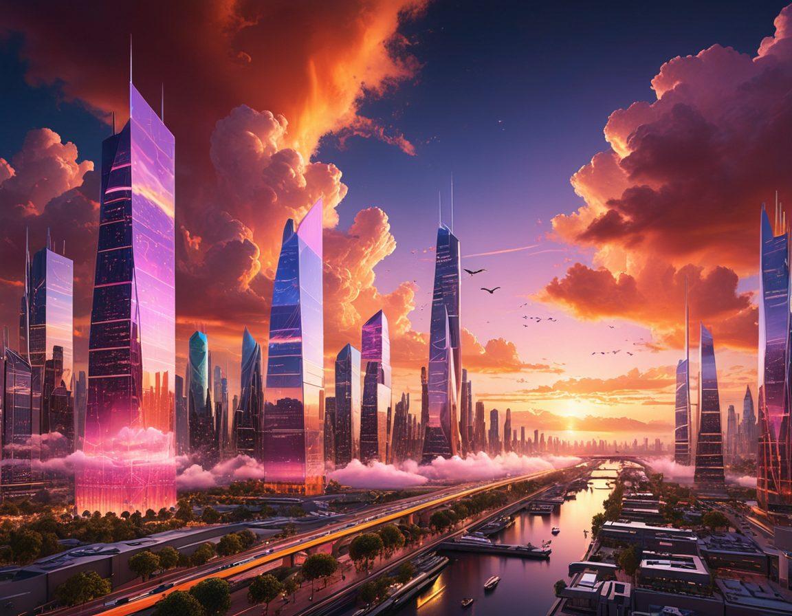 A futuristic city skyline showcasing towering digital structures made of cloud-like materials, intertwined with tech elements representing cloud computing and IT services. In the foreground, diverse professionals collaborate around holographic displays, highlighting innovation and teamwork. The background features a vibrant sunset illuminating the scene, symbolizing a new dawn in technology. super-realistic. vibrant colors. 3D.